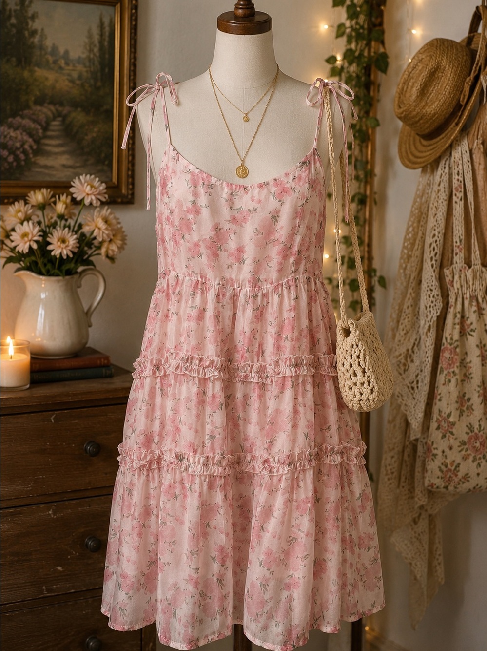 LUSH Pink Floral Tiered Mini Dress NWT Cottagecore Coquette Large
